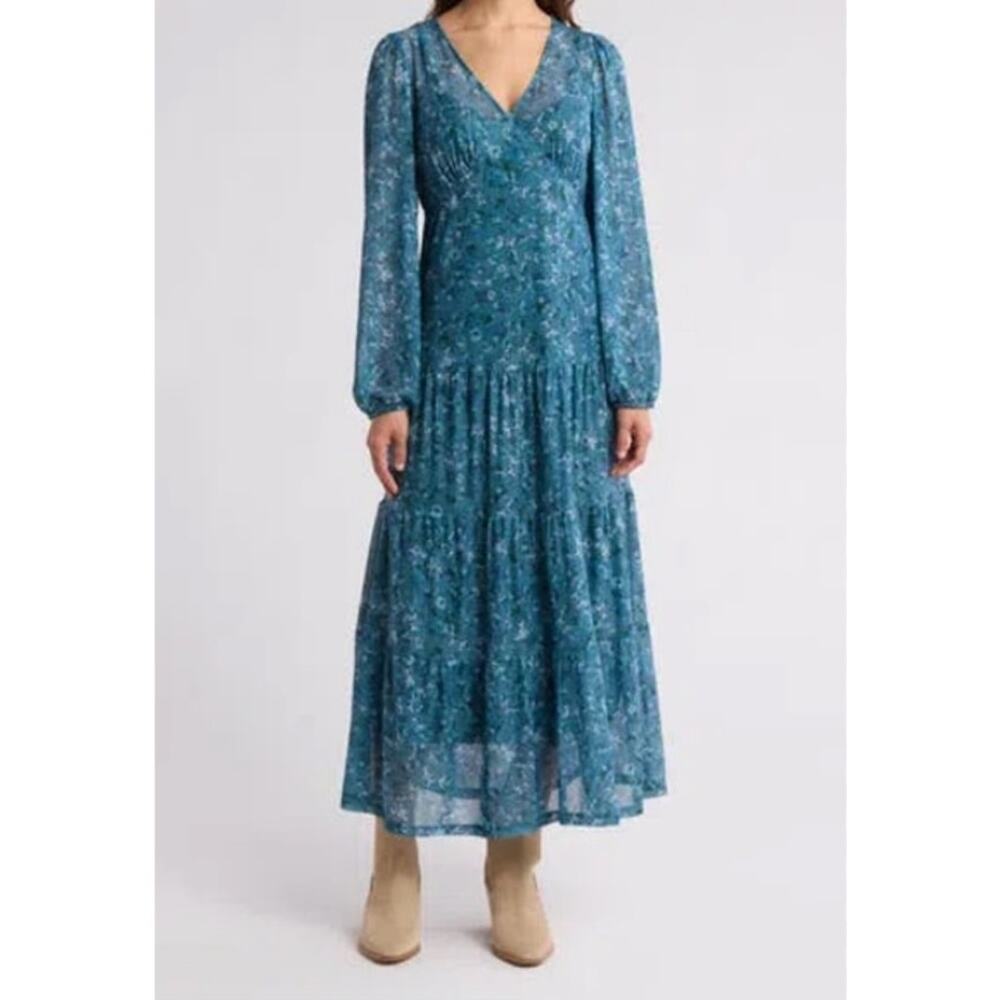 LUCKY BRAND Women's Blue Boho Floral Print Tiered Peasant Midi Dress Size Large
